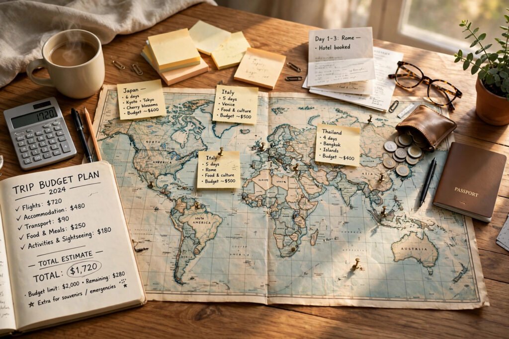 Solo trip planning desk with world map, notebook and calculator for budget