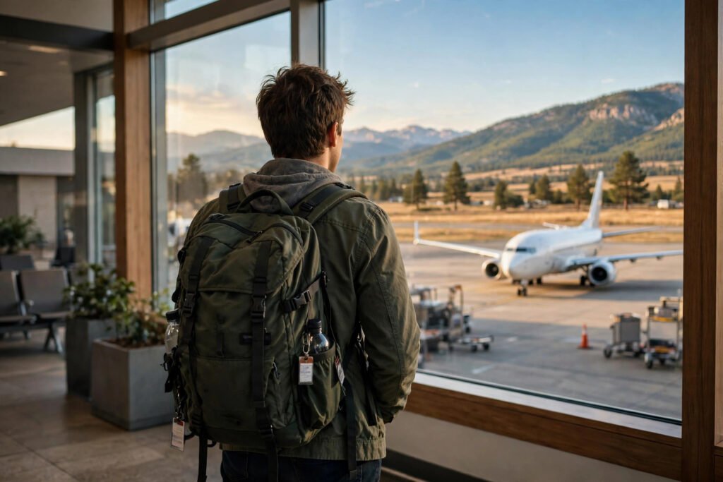 Solo traveler with backpack looking out airport window at parked plane