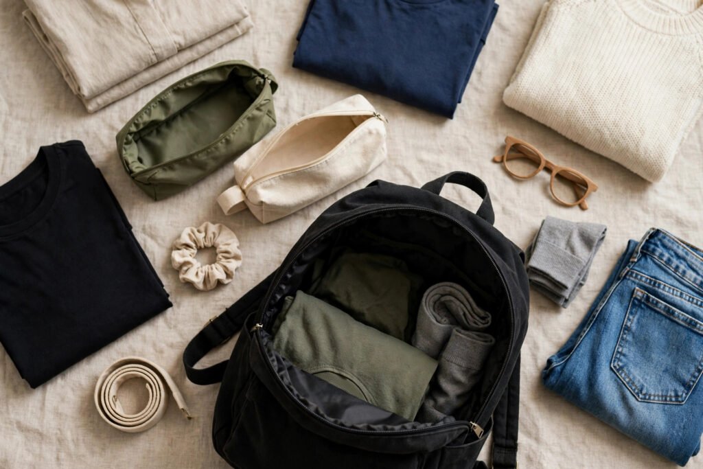 Solo travel packing checklist flat lay with backpack and folded clothes