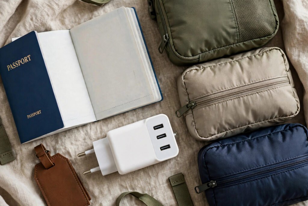 Travel essentials flat lay with passport, power adapter and packing cubes