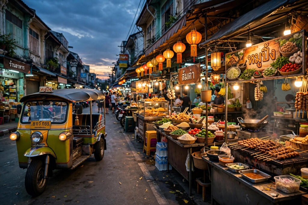 Tuk-tuk and street food stalls on a Thai street at dusk with lantern lights