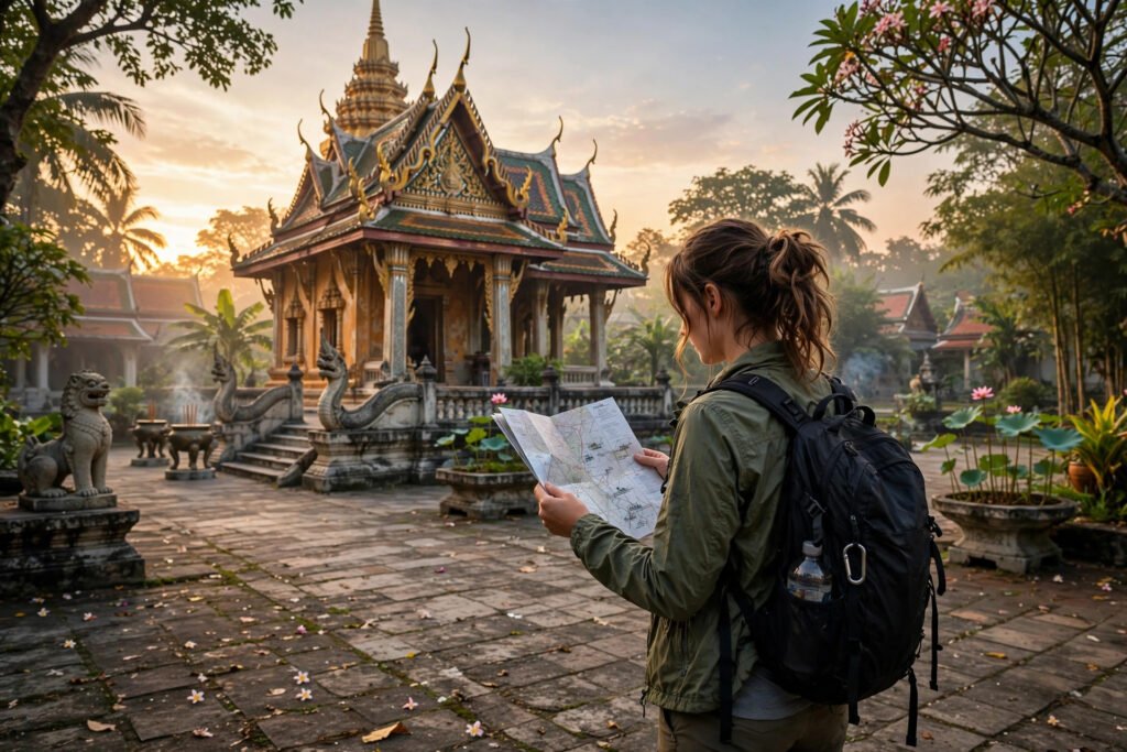 Solo female traveler with backpack reading a map at a Thai temple at sunrise