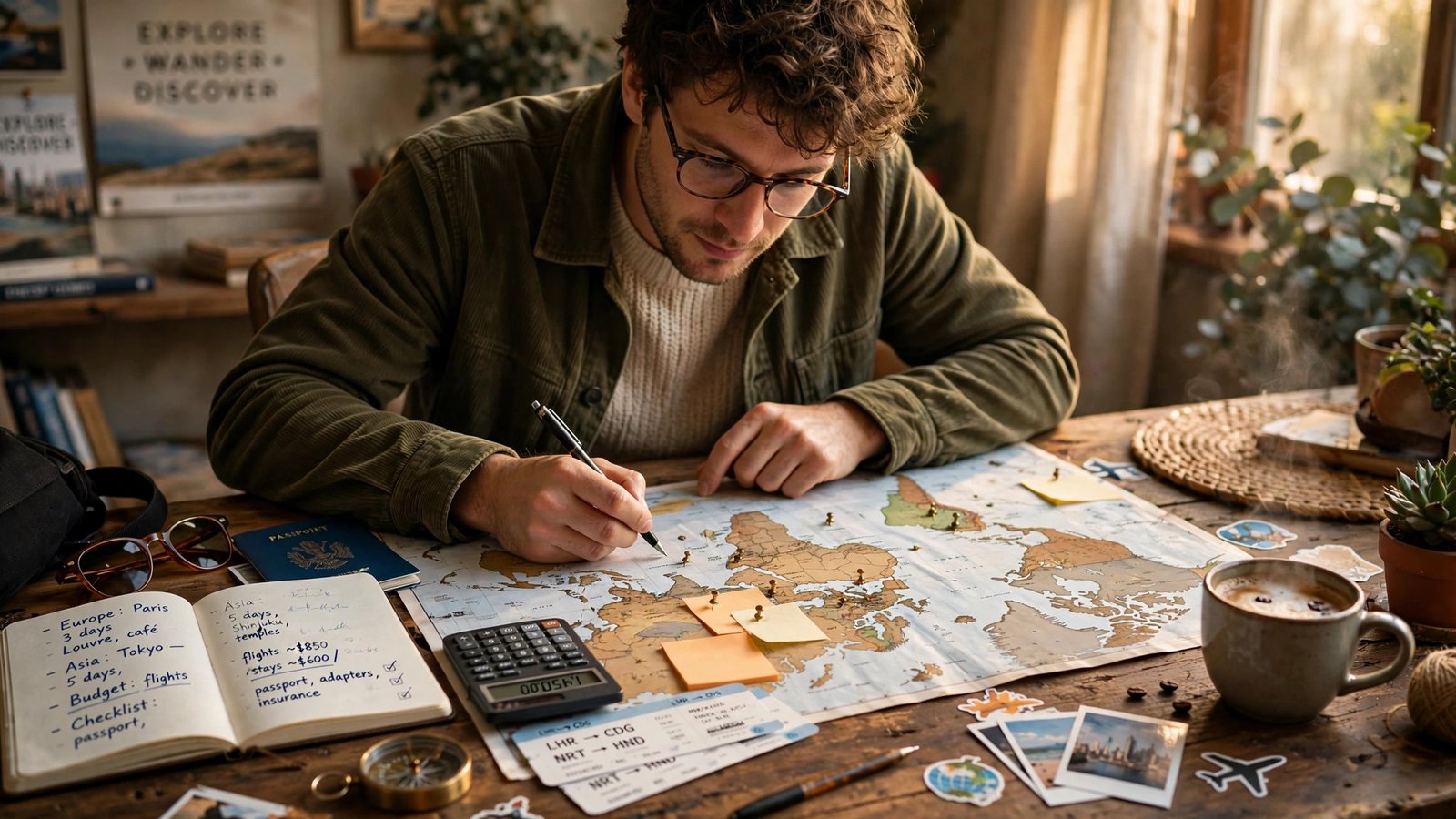 Planning a first solo trip with world map, notebook and calculator