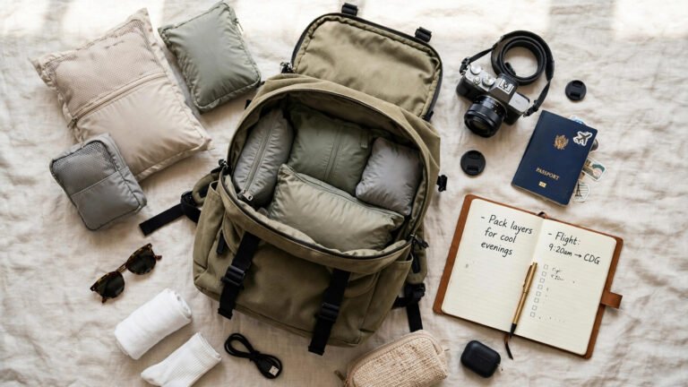 Solo travel packing checklist essentials arranged flat lay