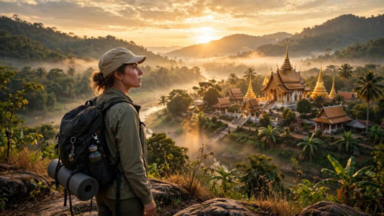 Solo female traveler with backpack at a Thai temple at sunrise