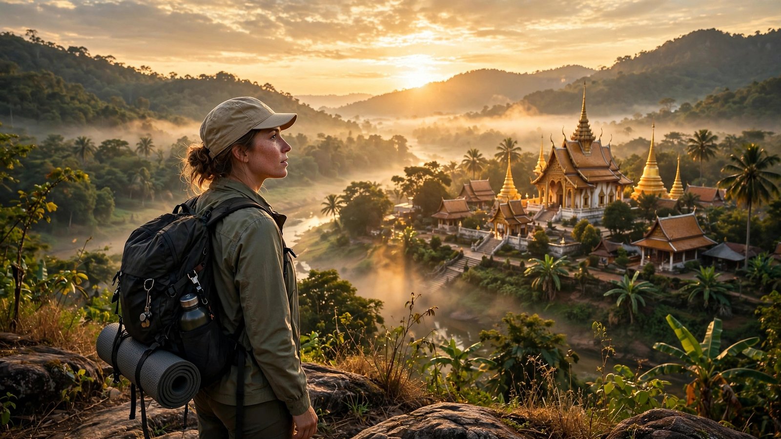Solo female traveler with backpack at a Thai temple at sunrise