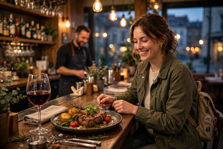 Solo female traveler smiling while enjoying dinner alone at a restaurant bar counter, learning how to eat alone at restaurants confidently