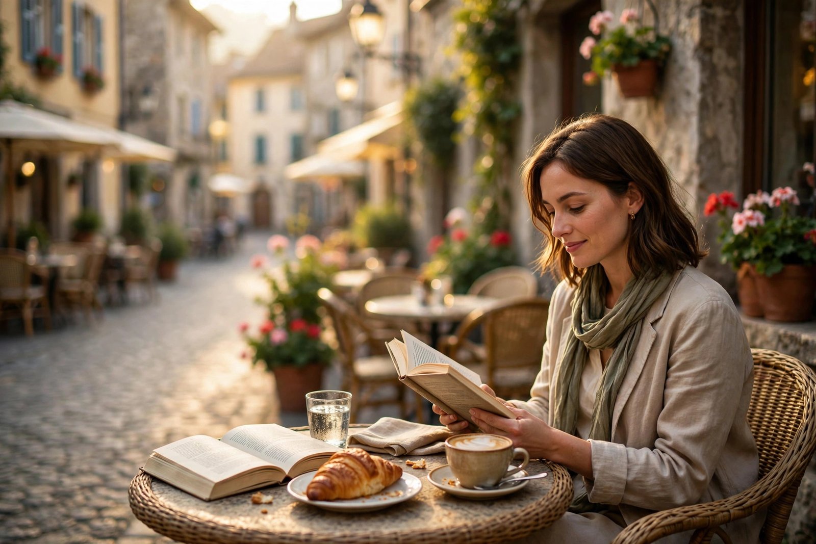 Solo diner having breakfast alone with coffee and croissant at an outdoor café terrace