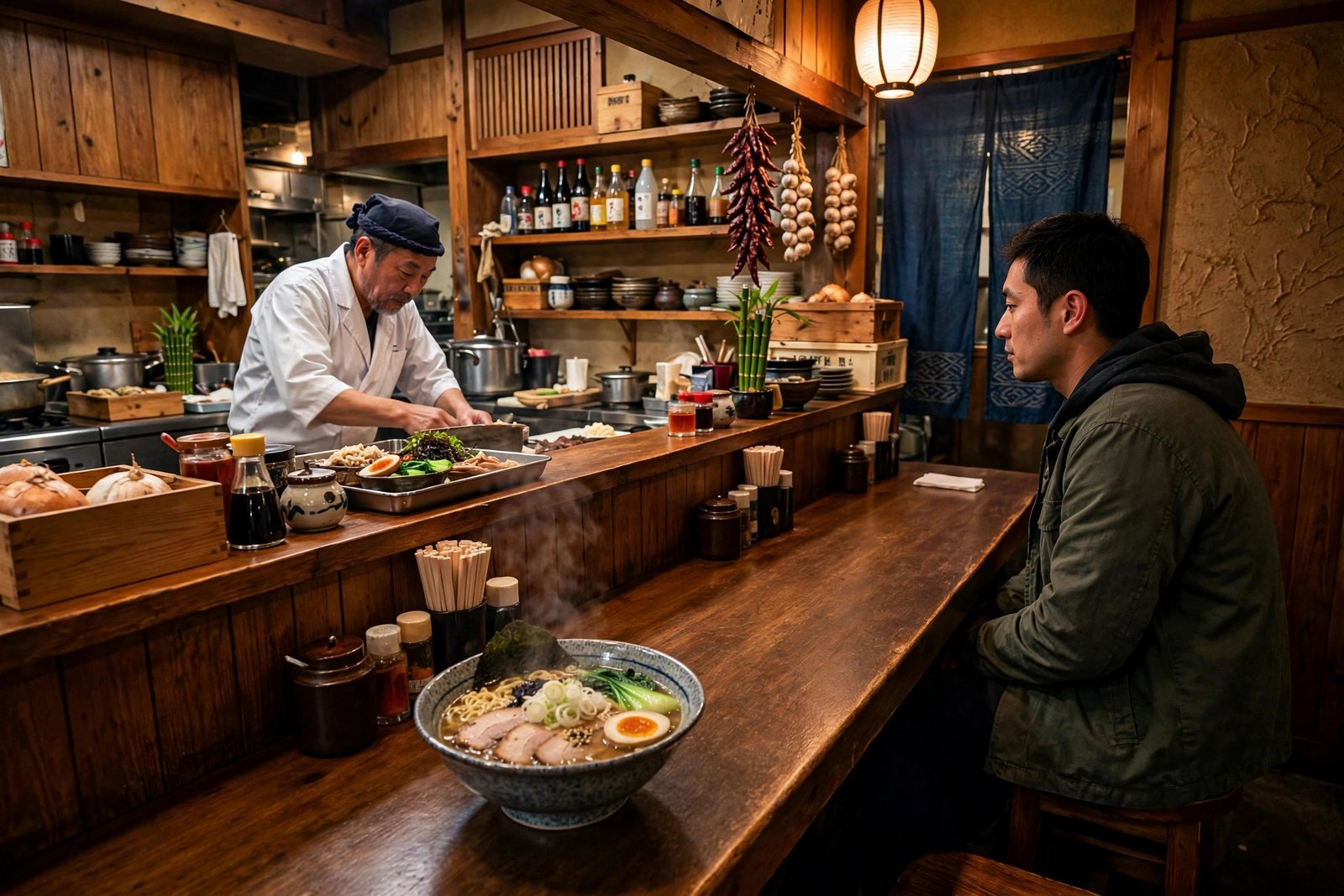 Solo traveler eating ramen at a chef's counter in a Japanese restaurant, one of the best spots for eating alone at restaurants