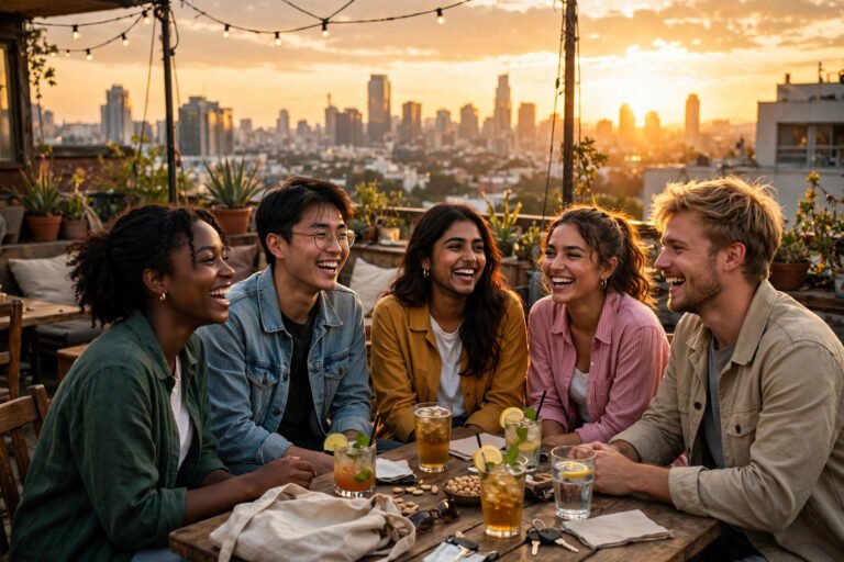 Diverse group of young travelers laughing together at a rooftop bar at sunset, showing how to meet people traveling solo