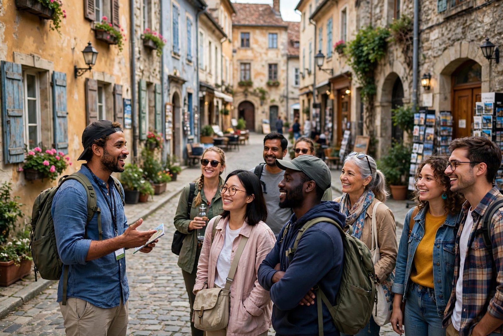 Group of solo travelers on a guided walking tour through an old town