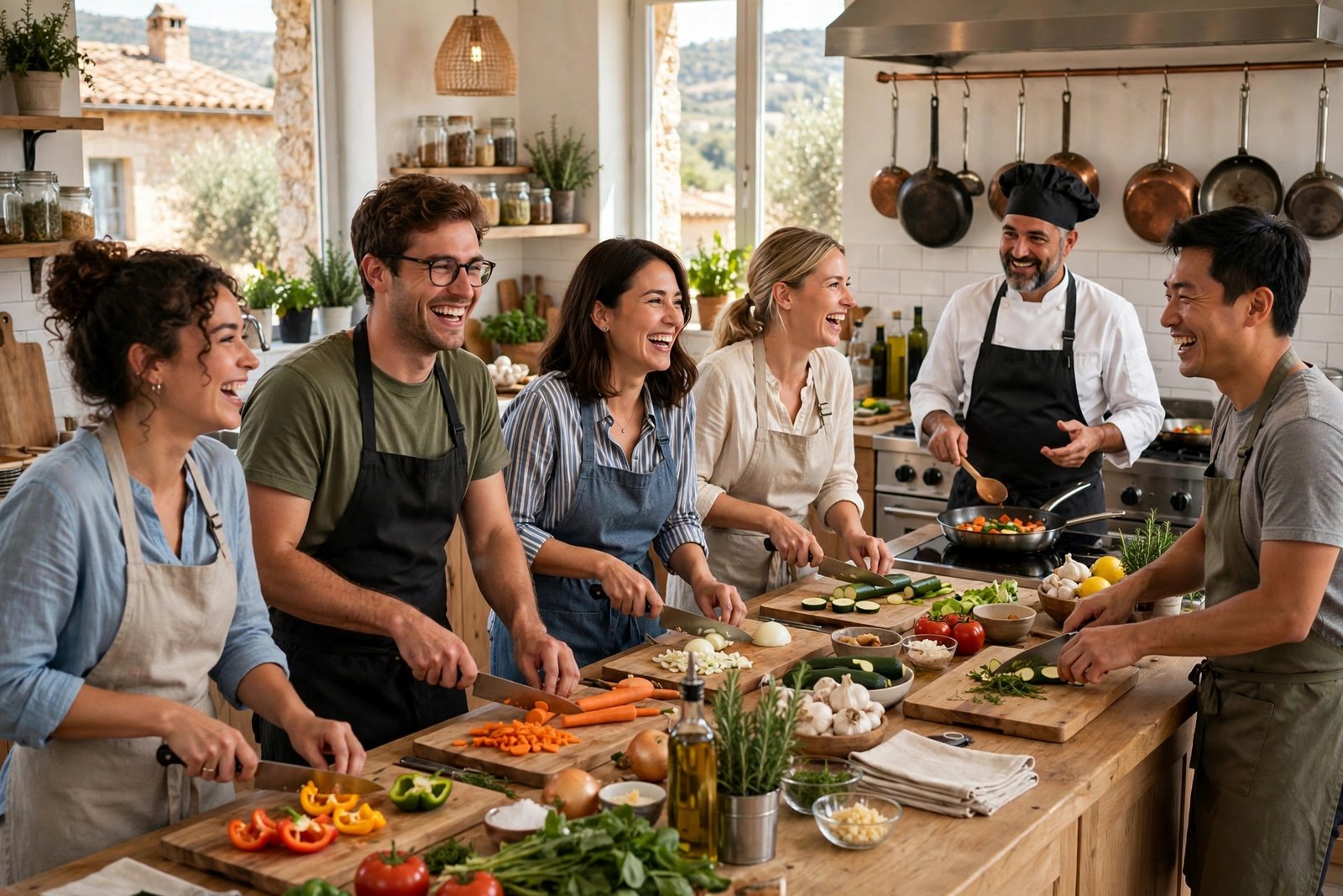 Travelers preparing food together during a group cooking class