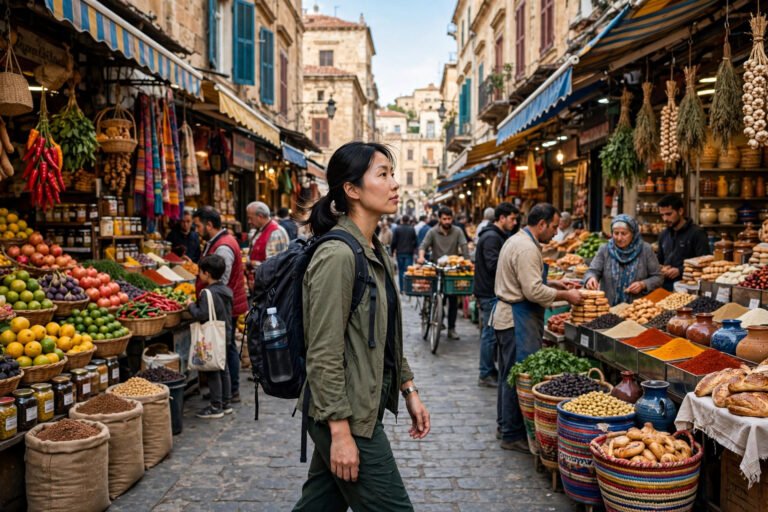 Confident solo traveler with a backpack walking through a vibrant foreign street market, staying alert to scams targeting solo travelers