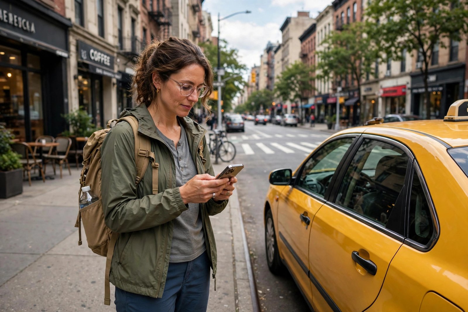Solo traveler checking a ride-hailing app on a smartphone next to a taxi to avoid overcharging scams