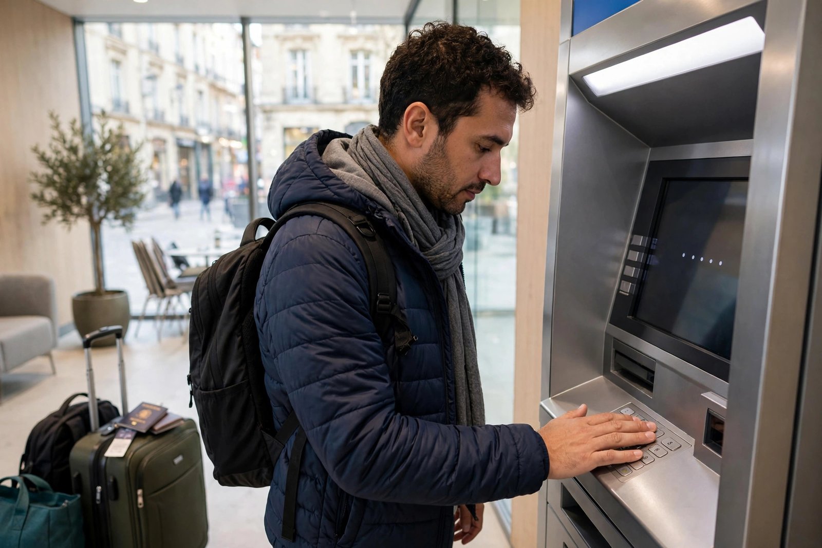 Traveler safely using an ATM inside a bank while covering the keypad, avoiding ATM skimming scams targeting solo travelers