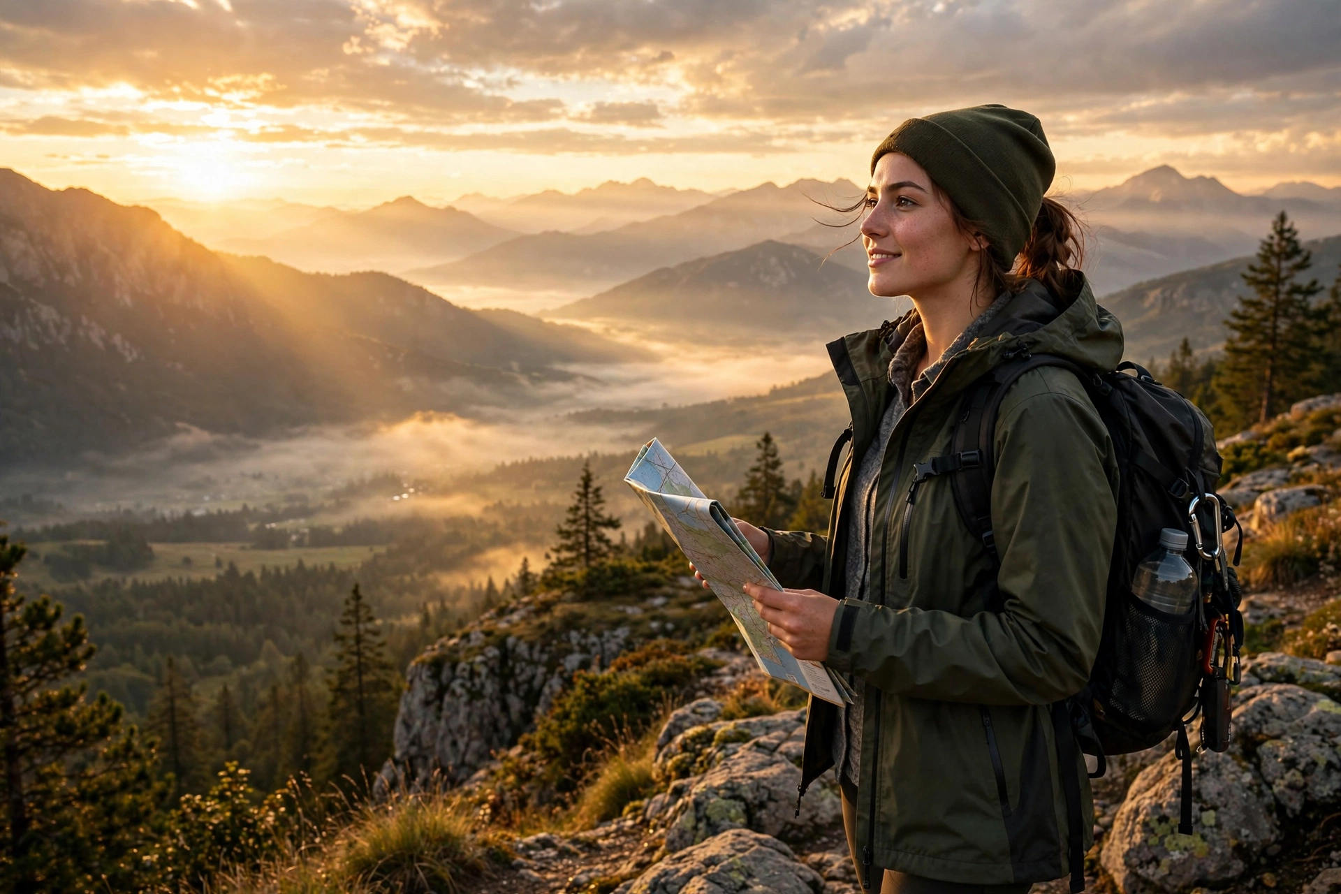Solo traveler with backpack at a mountain overlook at sunrise