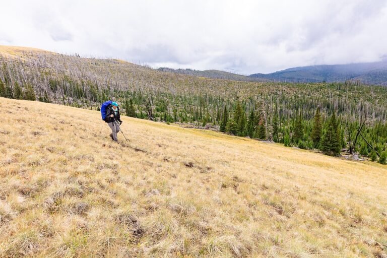 Solo backpacker hiking on a mountain trail