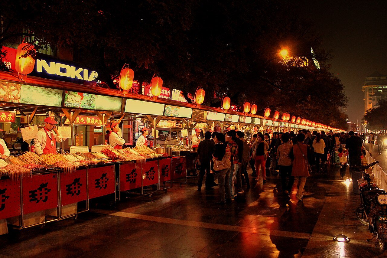 Night market food stalls in Beijing, China